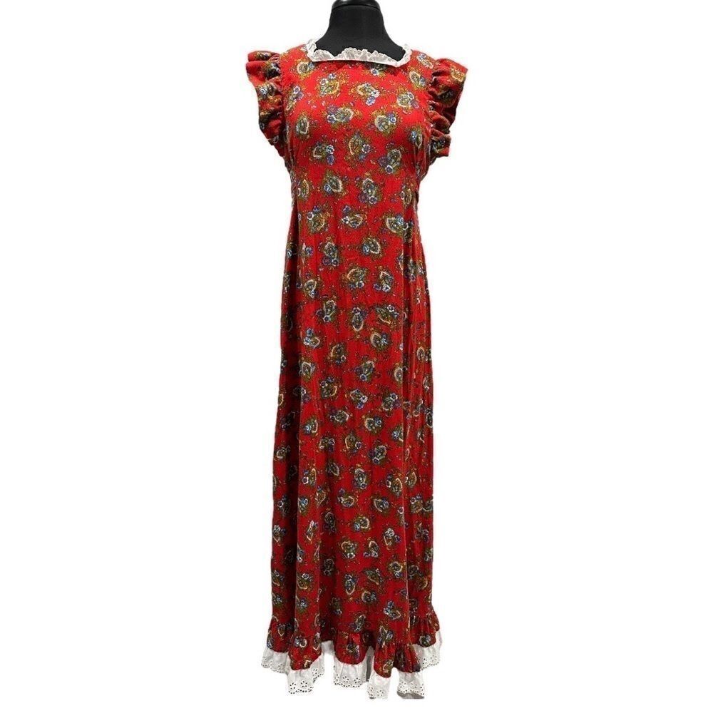 Vintage 1970s Handmade Floral Lace Prairie Maxi Dress Red Ruffle Sleeve Sz S - Picture 2 of 13